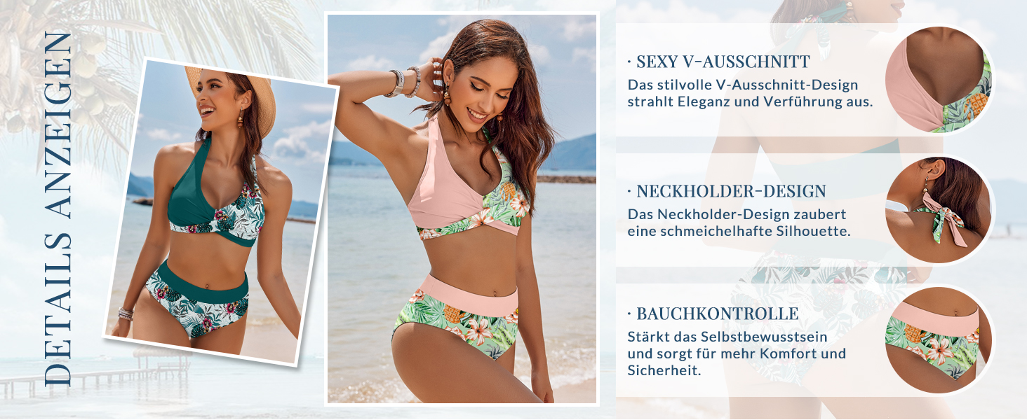 Бікіні Ecouaer для жінок, комплект двочастинний з високою талією, корегуючий животик, купальник з зав'язками на шиї, S-XXL XL, зелений