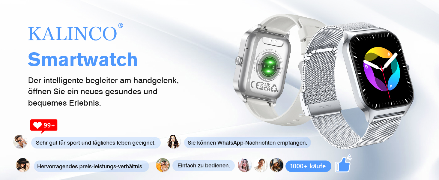 Смарт-годинник KALINCO для чоловіків та жінок: Bluetooth-дзвінки, вимірювання тиску, пульсу, SpO2, стресу, 100+ спортивних режимів, аналіз сну, сумісність з iOS та Android (Milano Срібний + Білий)