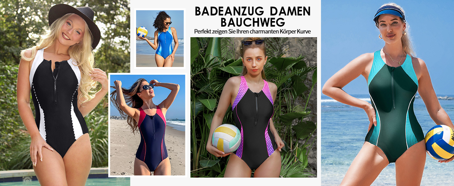 Чармо жіночий купальник для спорту з животом, цілісний з блискавкою спереду, купальник з чашками, чорний/білий, XL