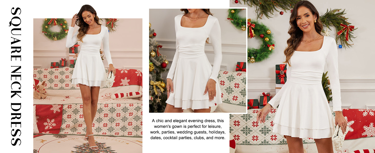 Сукня жіноча квадратним вирізом, елегантна вечірня, коктейльна, bodycon, на короткі/довгі рукави, міні, slim fit, висока талія, з фалдами, біла, розмір M