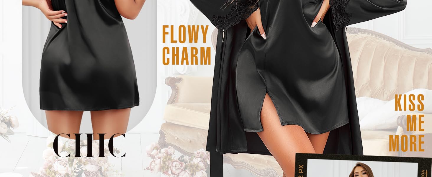 Комплект жіночого шовкового нічного одягу RSLOVE - Сексуальна нічна сорочка з мереживом та халат, 2-частинний комплект чорного кольору