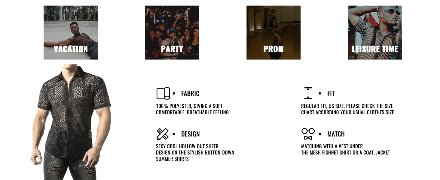 Чоловіча сорочка JOGAL з мереживом, чорна, літня, коротка, вільний крій