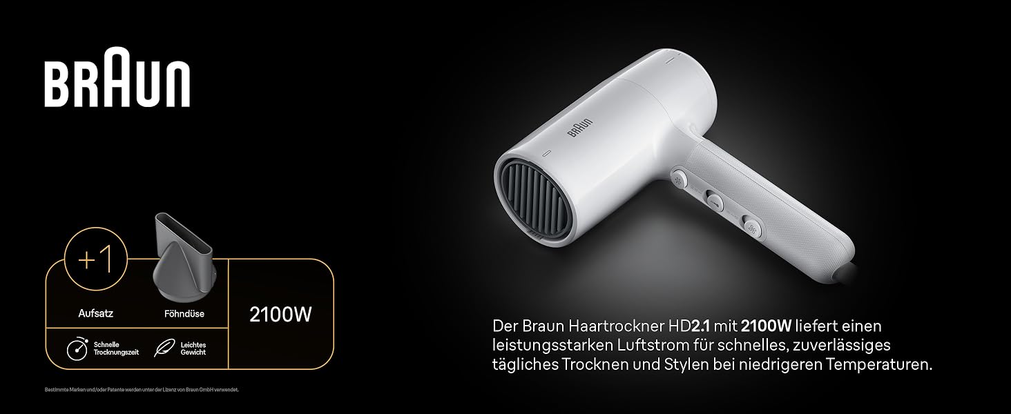 Фен для волосся Braun HD4.2 з дифузором та вузьким соплом, технологія Super IONTEC, 2100 Вт, 3 режими температури та швидкості, чорно-сірий (BRHD210E)
