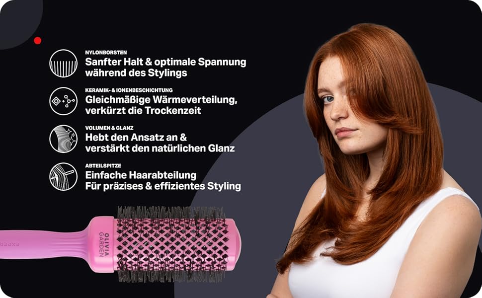 Керамическая круглая щетка для волос Olivia Garden Expert Blowout Shine (розовая, 35 мм) — антистатическая щетка для гладкого и блестящего укладки