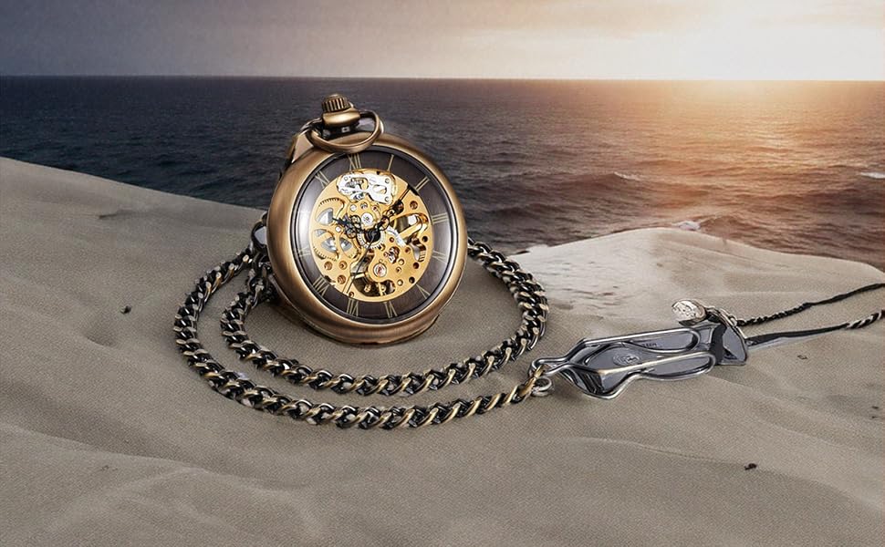 Механічний кишеньковий годинник ShoppeWatch з ланцюжком для чоловіків, ручний завод, відкритий прозорий циферблат, стімпанк аксесуар у стилі 1920-х років (Бронзовий)