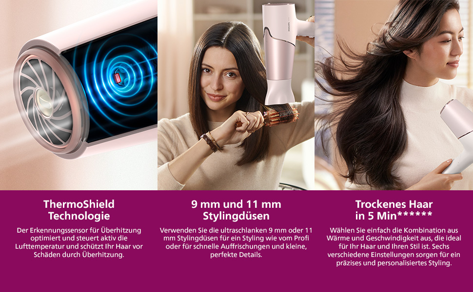 Фен для волосся Philips 5000 Series BHD530/20 з технологією ThermoShield, дифузором для об'єму та насадками-концентраторами 9 та 11 мм, колір перламутр