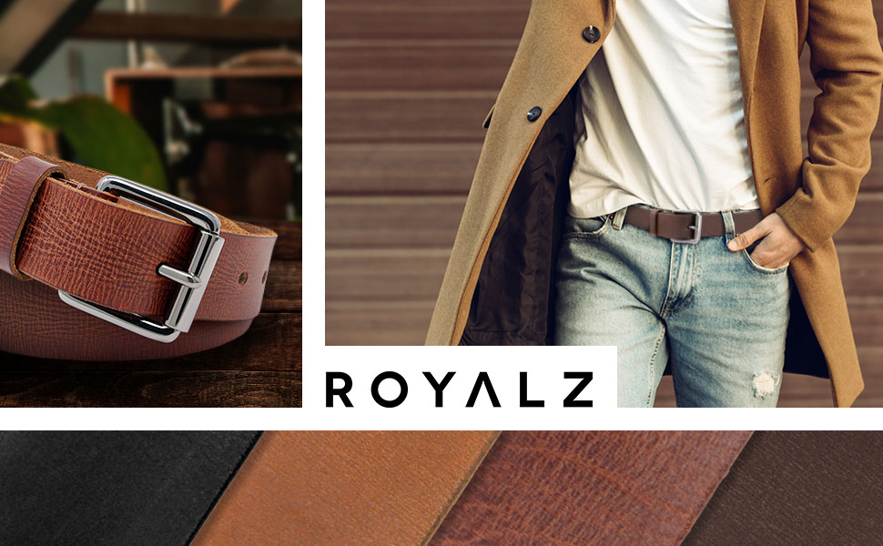 Шкіряний чоловічий ремінь ROYALZ 'Richmond' з буйволячої шкіри 4мм, вінтажний ремінь для джинсів з пряжкою, колір коньячний коричневий, ширина 38 мм, довжина 110 см