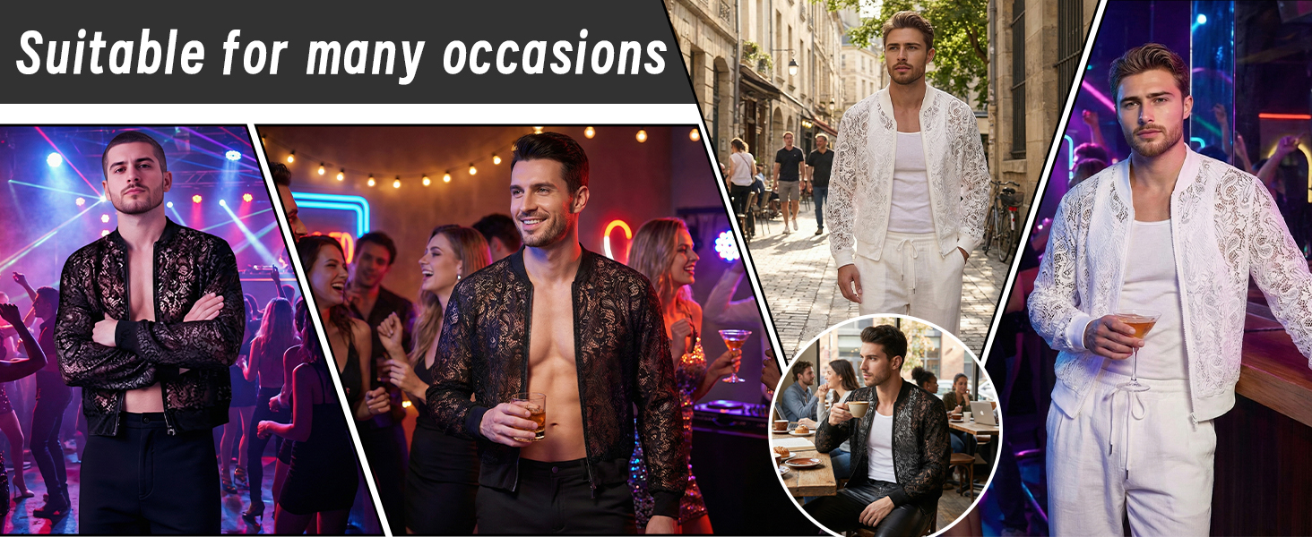 Чоловіча мереживна куртка AIEOE з довгим рукавом, сітчаста сорочка, топ для вечірок, клубної моди, прозора блейзер, сітчаста сорочка для нічного клубу, карнавалу, чорного кольору