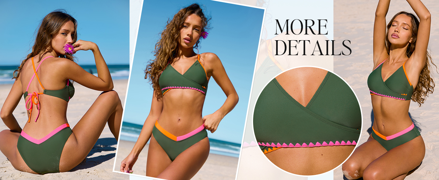 CUPSHE Бікіні жіночий комплект: V-подібний виріз, двочастинний, кольоровий блок, вирізи, перехресне обплетення спини, самов'язування, купальник, плавки, чорний