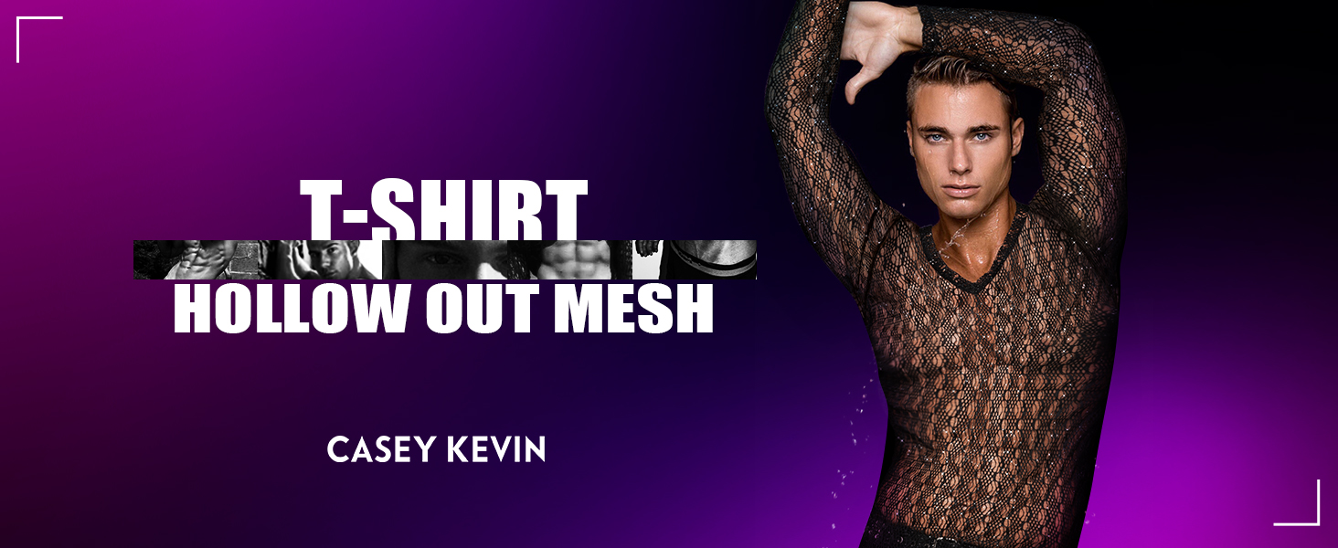 Муслін футболка Casey Kevin Herren Transparent, прозора сітка з довгим рукавом, сріблясті акценти, вертикальна смужка, V-подібний виріз, A2-чорний L