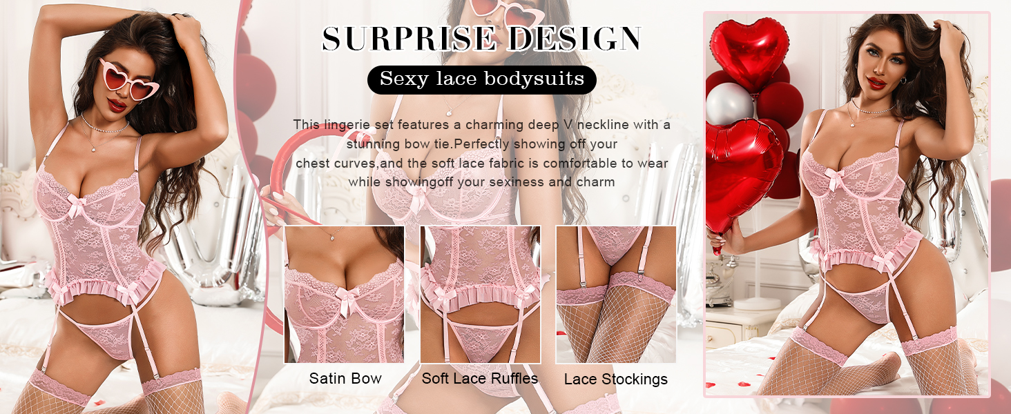 Комплекти жіночої білизни Aranmei: мереживний боді, стрінги, мереживні панчохи, червоний