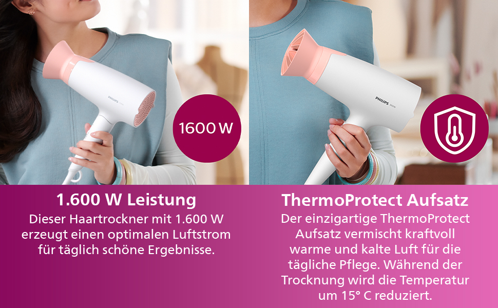 Фен для волосся Philips Series 3000 BHD300/10 з функцією іонізації та ThermoProtect, 2100 Вт, 6 рівнів температури та швидкості, білий