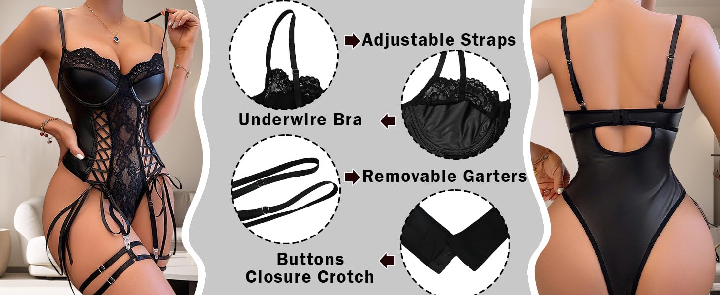 Сексуальний комплект спідньої білизни з екошкіри для жінок: еротичний нігліж та боді, чорний, S-XL