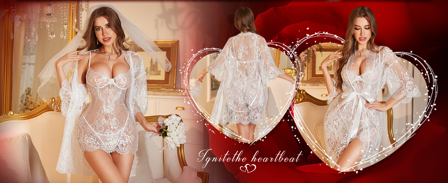 RSLOVE Комплект нижньої білизни для жінок: мереживний комплект з квітковим принтом, 3-частинний (Т-розріз), нічна сорочка, халат, розмір M, бордовий