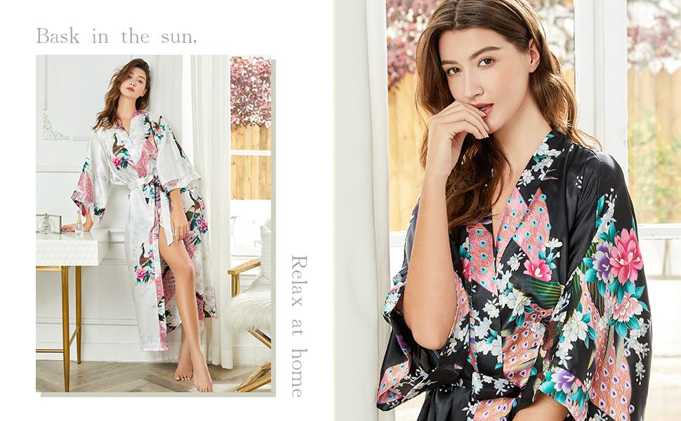 Халат жіночий довгий з атласу, квітковий принт, модель кімоно, Babeyond. Ідеально для дому, відпочинку та вечірок.