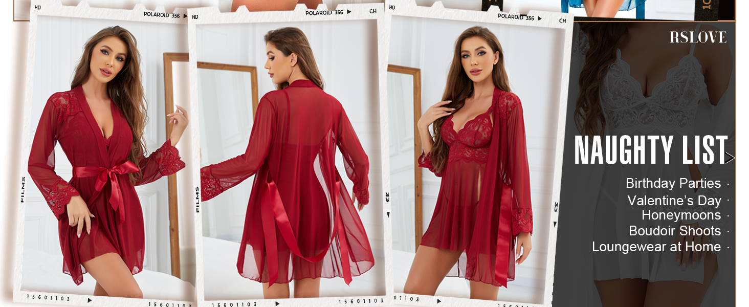 RSLOVE Сексуальний жіночий комплект нижньої білизни: мереживний халат, нігліж, боді з сітки, 3 шт. - Вишневий