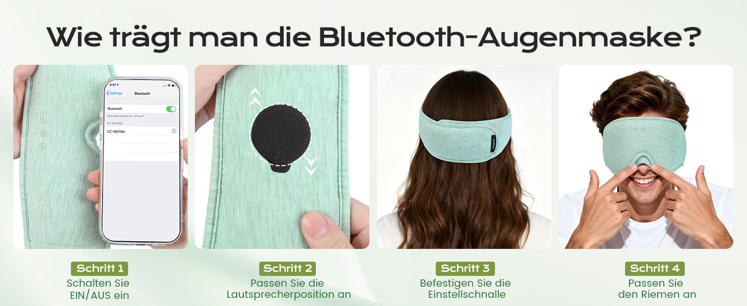 Bluetooth маска для сну з навушниками LC-dolida, м'яка світлозелена маска для повного затемнення очей, комфортні навушники для сну та подорожей, унісекс