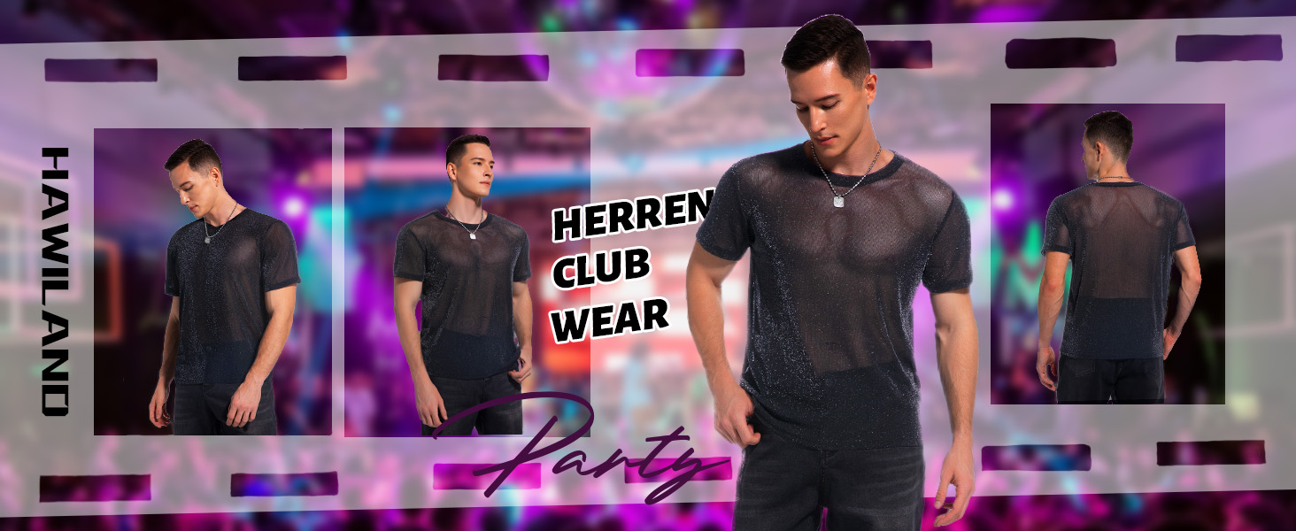 Чоловіча футболка Hawiland з блискітками, сітка, мереживо - для вечірок, клубів, рейв-вечірок. Чорний колір, розмір S