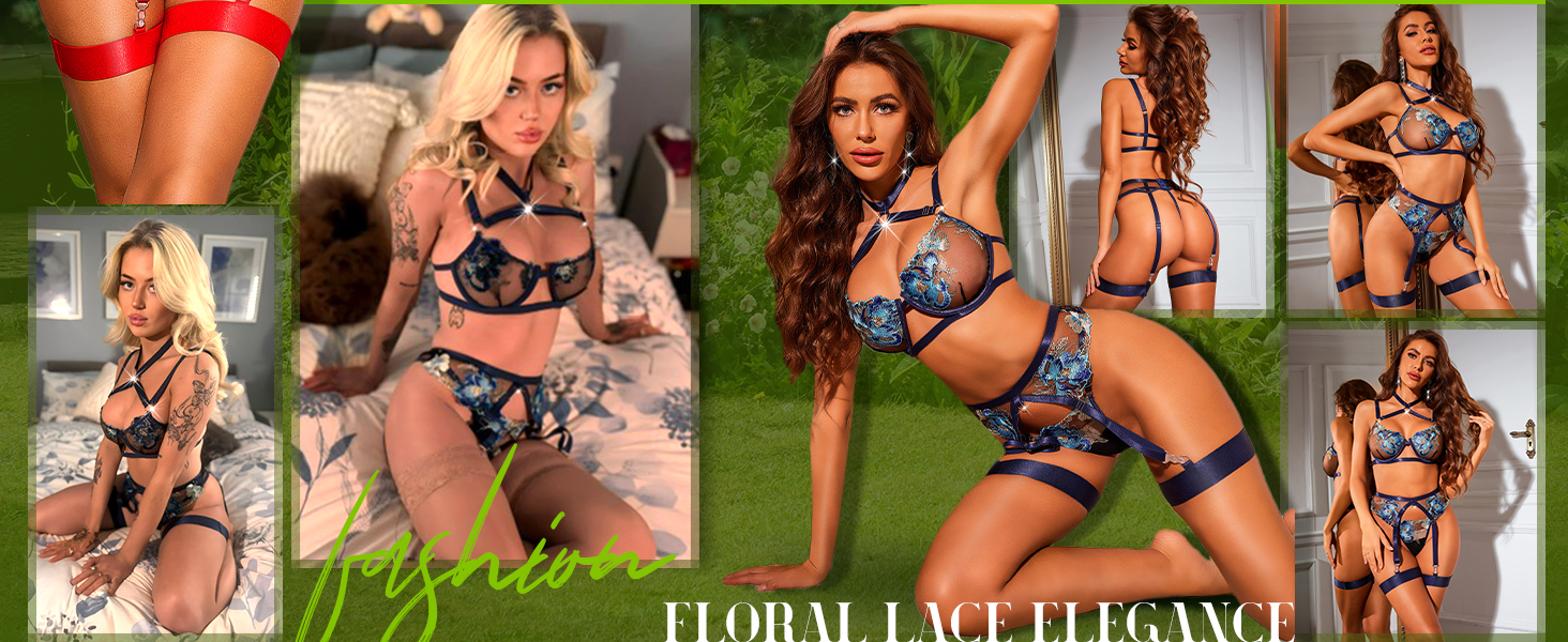 RSLOVE Комплекти нижньої білизни для жінок - Сексуальна спідня білизна з бретелями, мереживна піжама, комплект бюстгальтера та трусиків з стрічкою, XL, блакитний