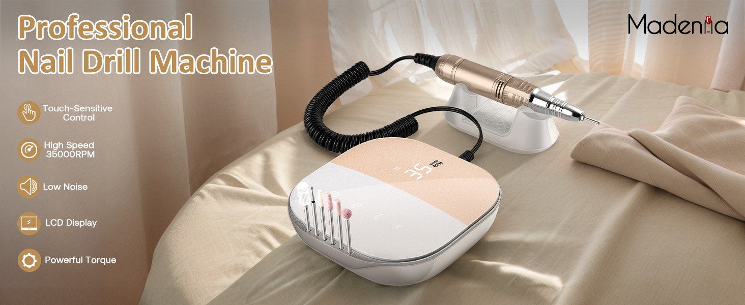 Професійний електричний апарат для манікюру та педикюру Madenia TouchPro 35000 об/хв для гель-нігтів та штучних нігтів, з HD-дисплеєм та набором з 6 фрез, рожевий