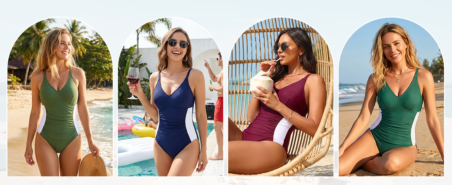 Чоловічий купальник Badeanzug Damen Bauchweg Figurformend Sexy V-Ausschnitt One Piece Swimsuit Verstellbare Schultergurte Seitentaille mit Farbblock Schwimmanzug Schwarz L