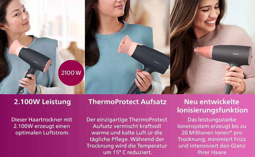 Фен для волосся Philips Series 3000 BHD350/10 з функцією іонізації та ThermoProtect, 2100 Вт, 6 режимів температури та швидкості, чорний