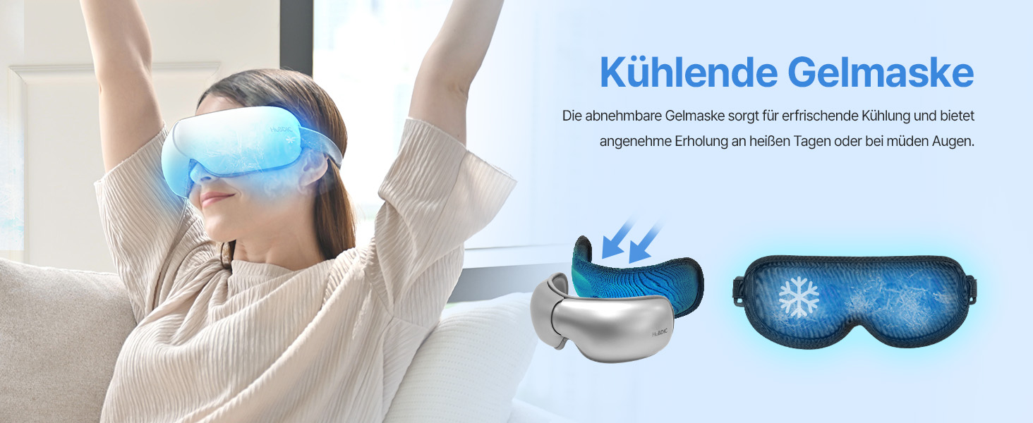 Масажер для очей HubiCare з функціями підігріву та охолодження, 3D-повітряним компресійним масажем, вібрацією та Bluetooth, сірий