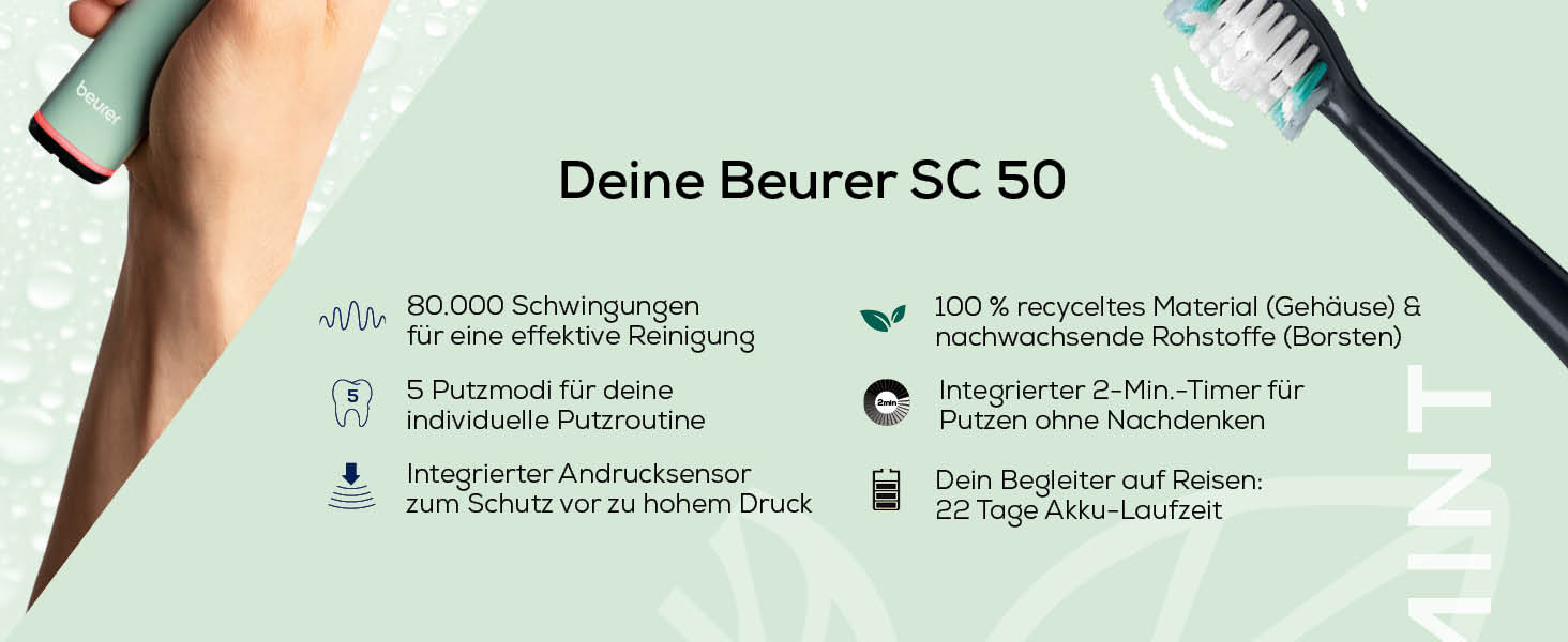 Електрична сонічна зубна щітка Beurer SC 30 (М'ята): 4 режими чищення, 80 000 вібрацій/хв, LED-дисплей, акустичний таймер, 2 насадки, еко-корпус