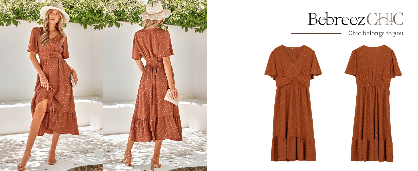 Сукня літня жіноча BebreezChic Boho елегантна довга з V-вирізом, висока талія, швейцарська сітка, з квітковим принтом, пляжна максі-сукня XL карамельного кольору