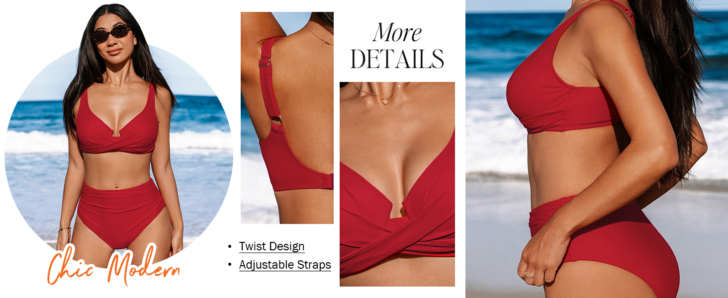 CUPSHE Бікіні жіночий комплект: зав'язування, перехрещення, пуш-ап, висока талія, двочастинний купальник, червоний, розмір XL