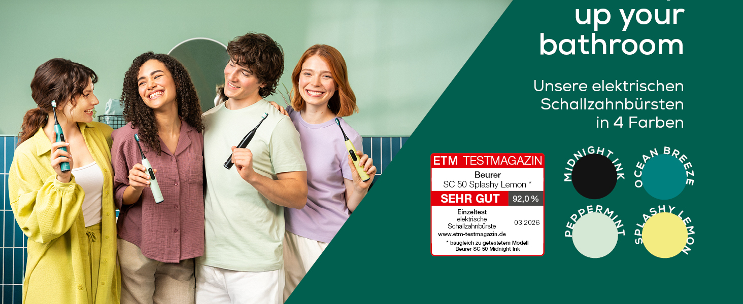 Електрична сонічна зубна щітка Beurer SC 30, 4 режими чищення, 80 000 вібрацій, LED-дисплей, таймер зон, колір Splashy Lemon, 2 насадки