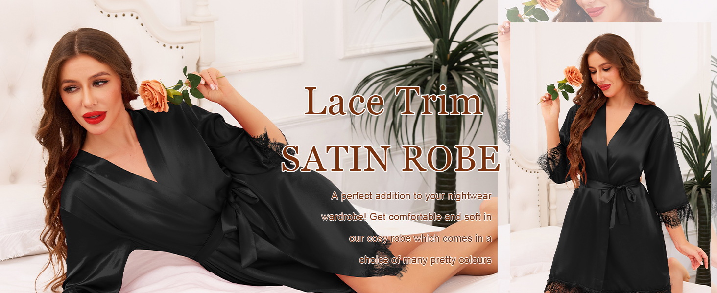 Халат жіночий Lovasy Satin з короткими рукавами, стиль кімоно, мереживо, сексуальний, для вечірки, весілля, з поясом, фіолетовий, червоний, L