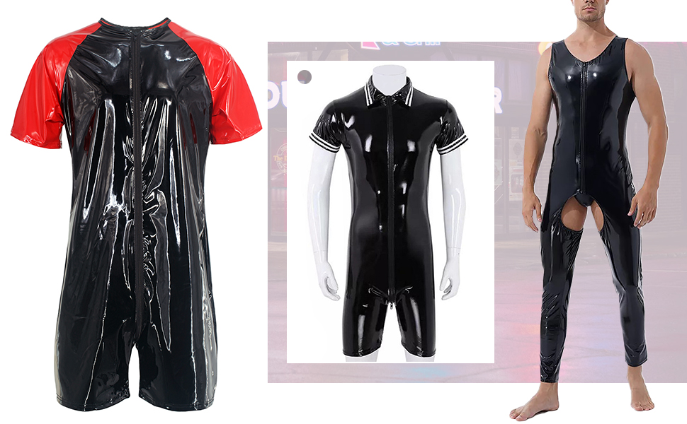 Чоловічий комбінезон з лакованої шкіри, мокрий ефект, шкіряна білизна, боді, відкриті труси, трикотажний боді, чорний, клубний одяг, XXL