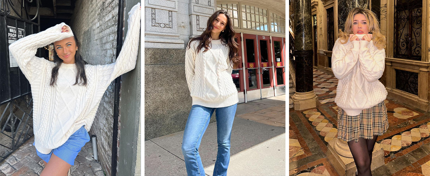 Жіночий в'язаний светр Aelfric Eden оверсайз з круглим вирізом та візерунком «коса», класичний вінтажний джемпер, абрикосовий, розмір M