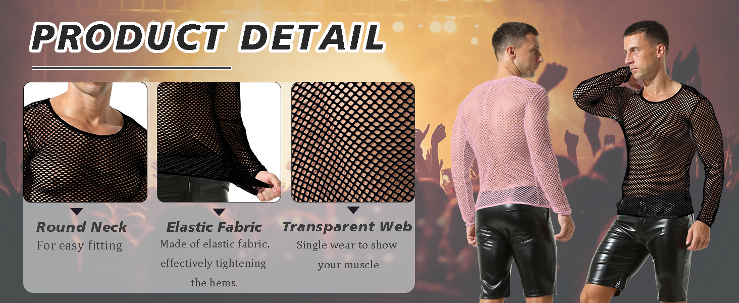 Чоловіча сітчаста футболка QiaTi з довгим рукавом, прозора, мереживна, чорна