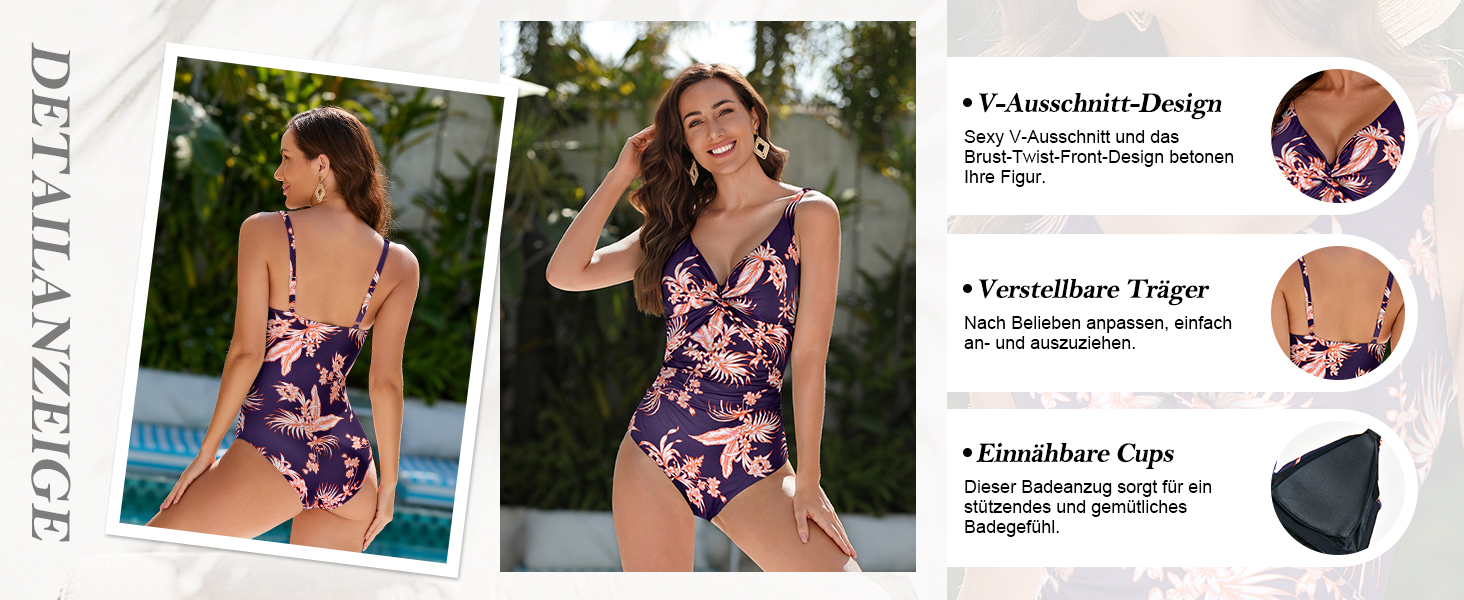 Купальник жіночий Badeanzug з високою талією, push-up, V-подібний виріз, рюші, моделює фігуру, великі розміри 42 NB