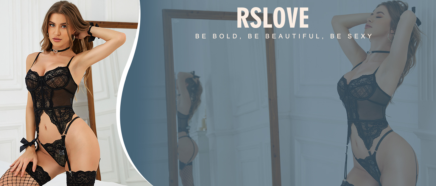 RSLOVE Комплект спідньої білизни для жінок - мереживний комплект з 4 частин, бюстгальтер з кісточками та стрінгі, білий