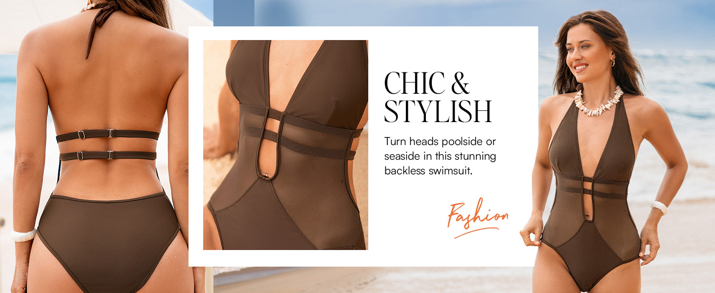 CUPSHE купальник з глибоким вирізом, на зав'язках, з сіткою, відкритий на спині, однотонний (колір: коричневий)