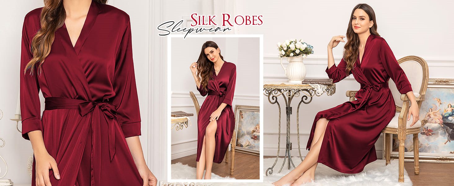 Халат жіночий атласний Ecouaer, легкий, довгий, з кишенями, S-XXL, колір шампань