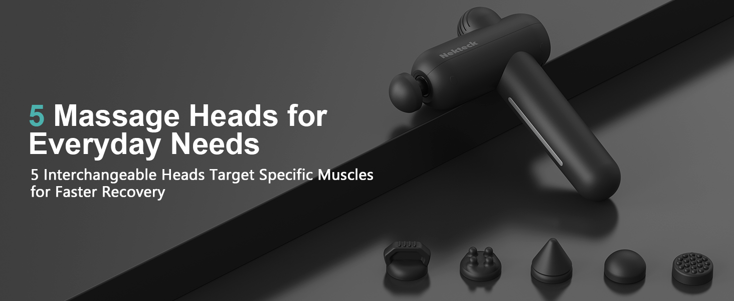 Перкусійний масажний пістолет Nekteck для спортсменів, ручний глибокий масажер м'язів з 5 рівнями швидкості та 6 насадками, темно-сірий
