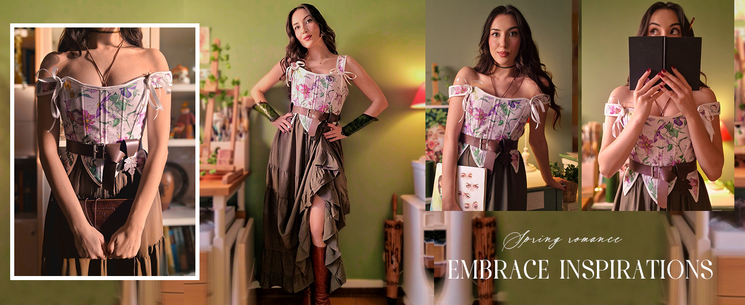 SCARLET DARKNESS Корсет жіночий у стилі Ренесанс з мереживом та квітковим принтом, рожевий, 44