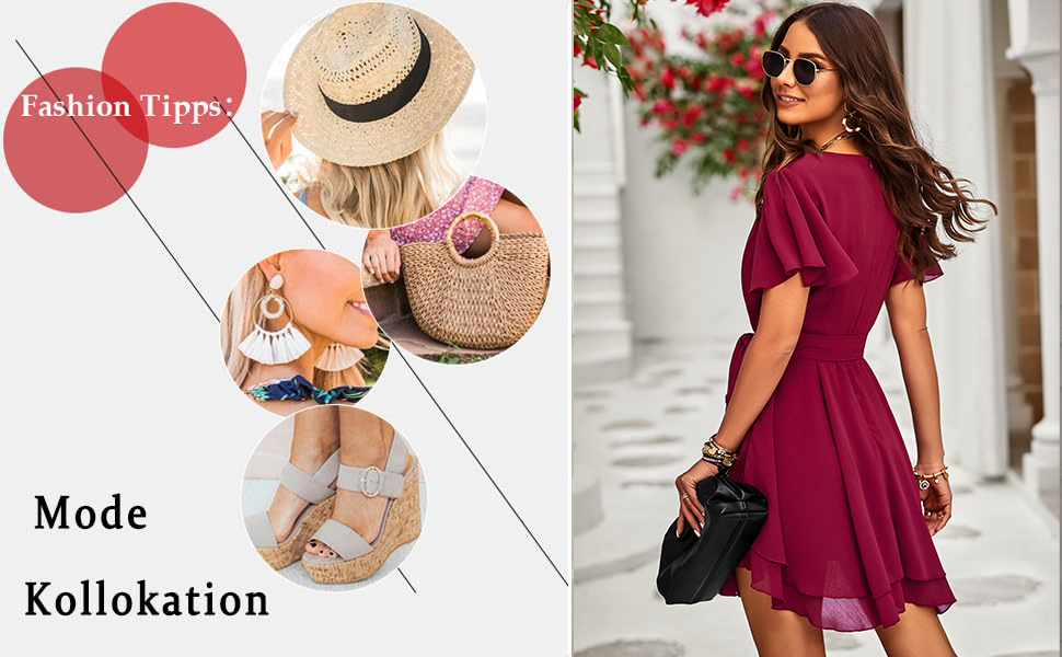 Сукня-туніка з шифону, коротка, з V-подібним вирізом, на короткий рукав, літня, однотонна, елегантна, з рюшами, міні, повсякденна, трапецієподібна, з високою талією, для вечірок, сукня-кокетка з поясом, колір вишневий, розмір S