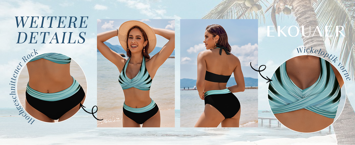 Бікіні Ecouaer для жінок, комплект двочастинний з високою талією, корегуючий животик, купальник з зав'язками на шиї, S-XXL XL, зелений