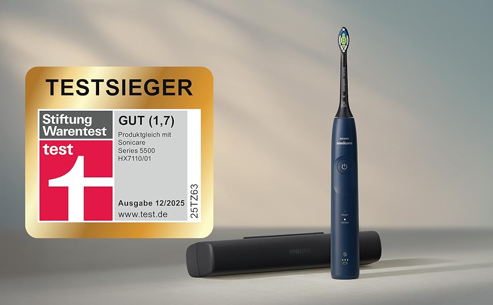 Електрична звукова зубна щітка Philips Sonicare 5500 HX7113/01, 2 режими чищення, контроль натискання, SmarTimer, синя (Navy), з футляром