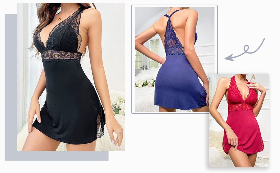 Babydoll для жінок: сексуальна нічна сорочка з вирізами та розрізом, мереживна піжама, чорний колір, розмір S