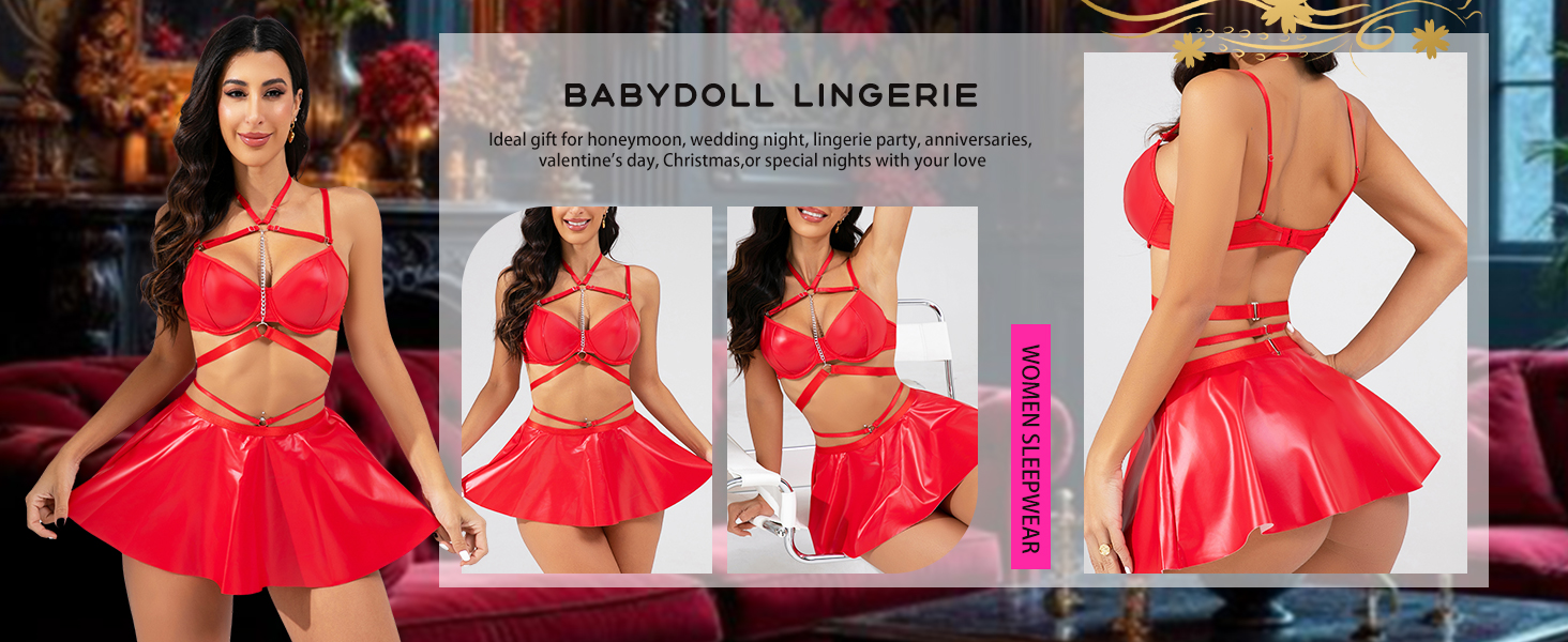 Елегантний костюм Evelife з чорного штучної шкіри: міні-сукня та бюстгальтер push-up з металевим ланцюжком. Ідеально для вечірок, клубів та тематичних заходів. Розмір M.