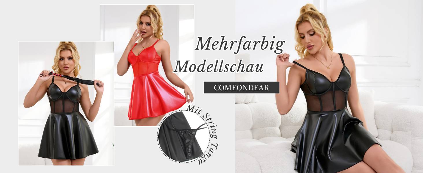 Комплект нічної сорочки та трусиків Babydoll з мереживом і екошкірою, червоний, великі розміри