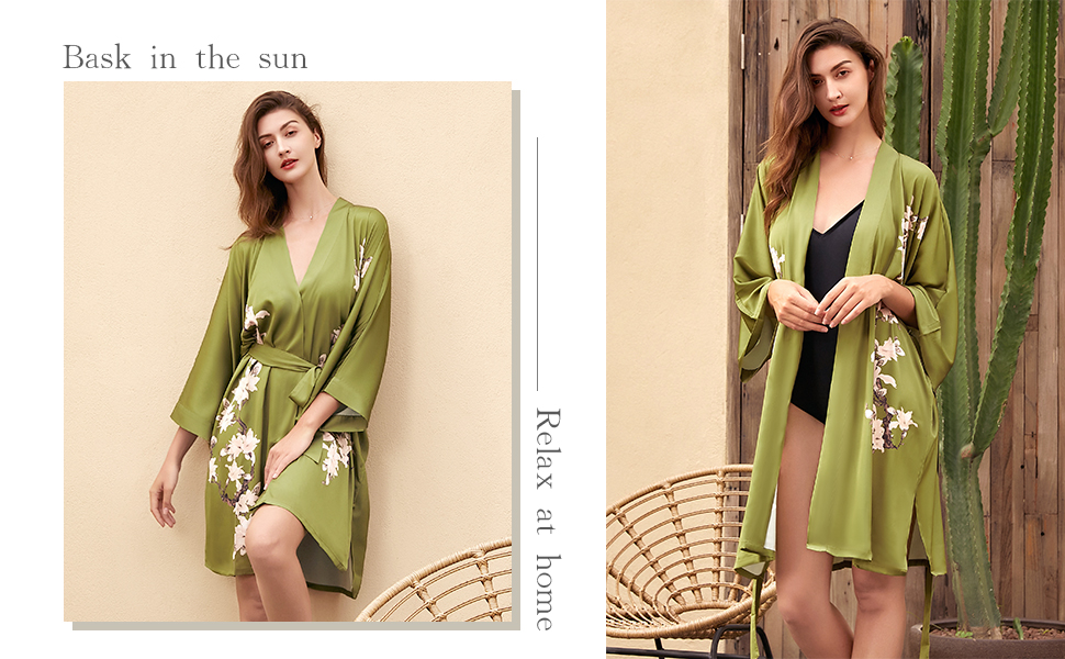 Халат жіночий літній з квітковим принтом Babeyond, сатиновий, короткий, пляжний, універсальний розмір, зелений
