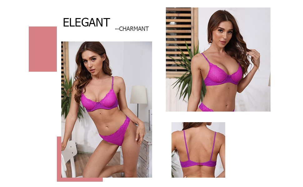 SHEKINI Сексуальний комплект нижньої білизни для жінок: бюстгальтер з кісточками, push-up, мереживо, посилений, танга, глибокий виріз, відкритий спина, бюстєль, спідня білизна, рожевий, 6114 XL