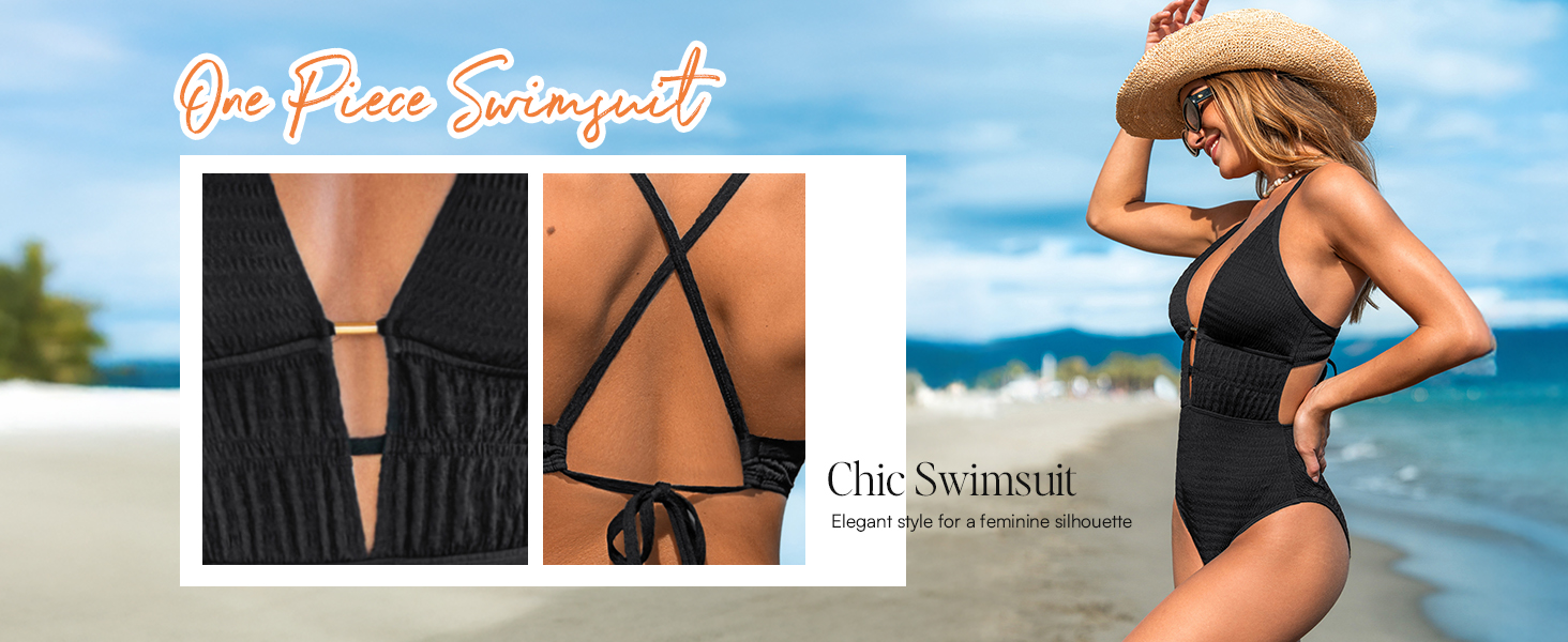 Чоловічий купальник CUPSHE з глибоким V-подібним вирізом, на зав'язках, з текстурою, одноцільний, чорний